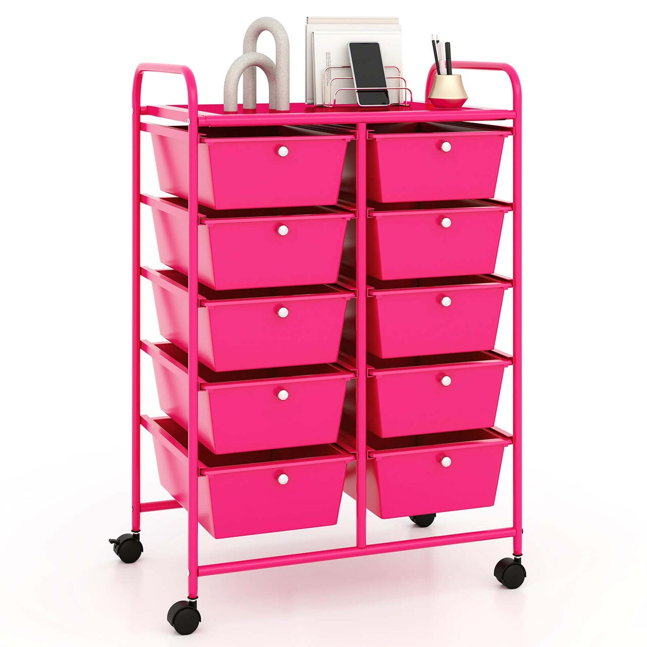 Costway 10-Drawer Storage Cart Utility Rolling Trolley Kitchen Office Organizer Black/Clear/Macaron/Grey/Black Gardient/Multicolor/Pink/RainbowithWhite/Hot Pink/Skin Pink/Purple